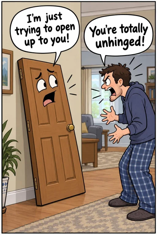 Make A Humorous Comic Featuring A Door Propped Up On A Wall...