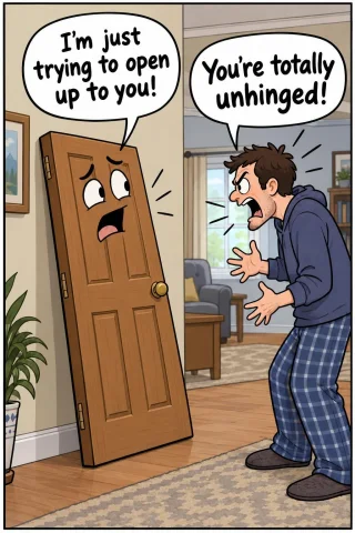 Make A Humorous Comic Featuring A Door Propped Up On A Wall... — Stable Diffusion AI Prompt: Make a humorous comic featuring a door propped up on a wall talking to a man. Th...