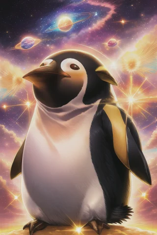 A Fat Penguin,space,glowing, Sky, Sunset, Sun, Space, Giant,... — Stable Diffusion AI Prompt: a fat penguin,space,glowing, sky, sunset, sun, space, giant, planet, galaxy
