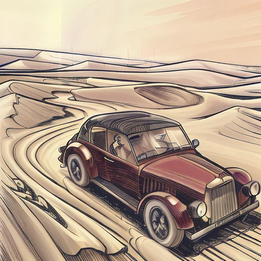 A Cartoon Of A Man Drives A Car In The Desert, Intricate, Hi...
