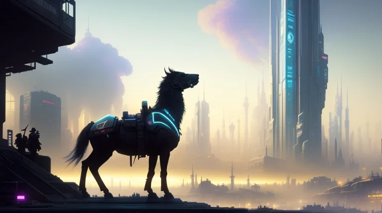 A Beautiful Painting Of A Cyberpunk City On The Wasteland By...