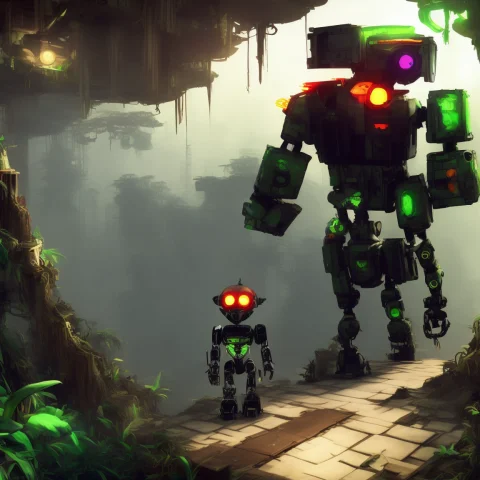 Wwone0.5 Tokyorobots1.5 Junglepunk1.5 — Stable Diffusion AI Prompt: (wwone:0.5) (TokyoRobots:1.5) (JunglePunk:1.5)