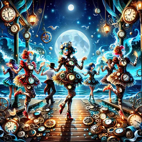 Dancers Under The Boardwalk, Wearing Clothing Made Of Clockw... — SDXL AI Prompt: Dancers under the boardwalk, wearing clothing made of clockwork and they dance a...