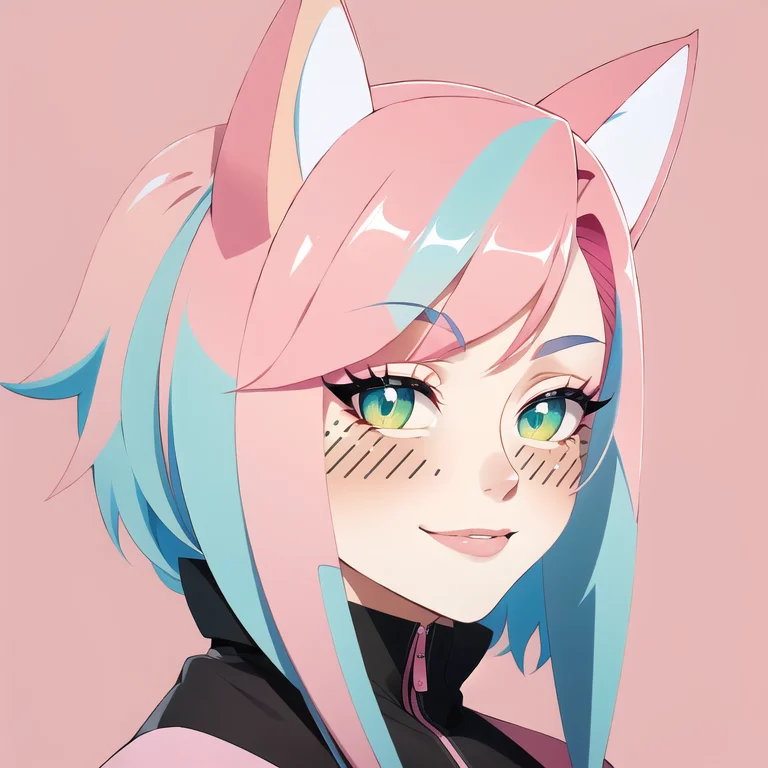 Cat Ears, Pink Hair, Profile, Deformed Background, Flat Colo...