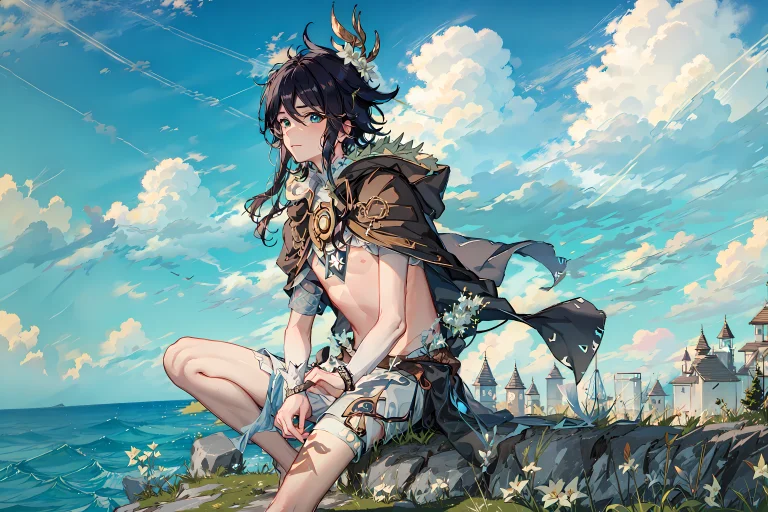 Venti Genshin Impact A Boy Sitting High On Mountaintop Facin...