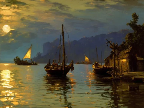 Nightime Boat On A Lake By Laxpeintv2, Still Waters With Lam... — Stable Diffusion AI Prompt: nightime boat on a lake by laxpeintV2, still waters with lamp on a boat and warm...