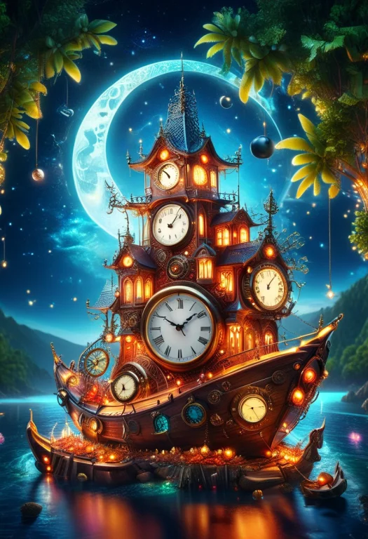 Clock, Boat Made Of Clock, Sea, Neon Lights, Glowing, Glowin...