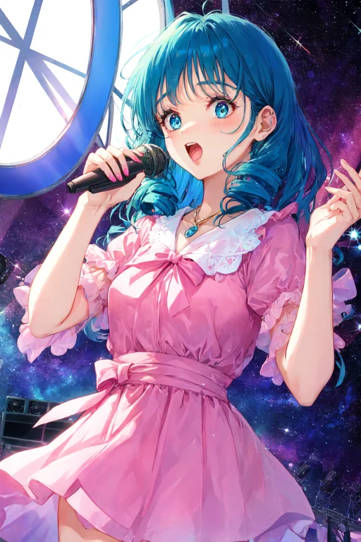 Lynn Minmay, 1girl, Solo, Twin Drills, Blue Hair, Idol, Pink...