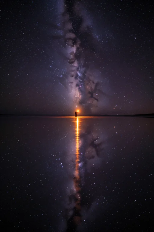 A Vast Perfectly Still Salt Lake At Night Acting As A Flawle...