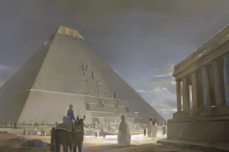 A Painting Of A Pyramid With A Group Of People Standing Arou...