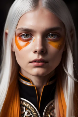 Magician, Pale Roman Silver Hair, Yellow Orange Color Wheel... — Stable Diffusion AI Prompt: Magician, pale Roman silver hair, Yellow Orange (Color Wheel) eyes, frills, deta...
