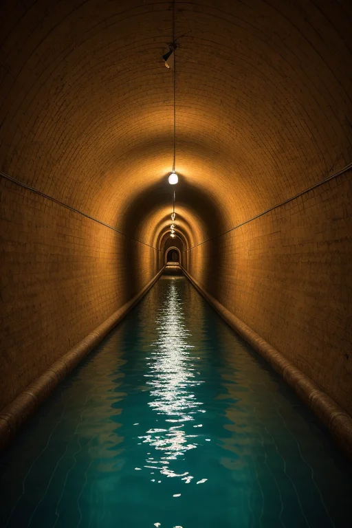 Backroom, Liminal Space, Water, Tunnel, Distant Neon Photore...