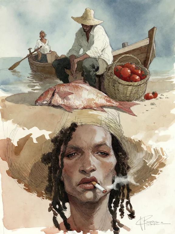 Bradhamel Art Style. A Two-panel Illustration Of A Fisherman...
