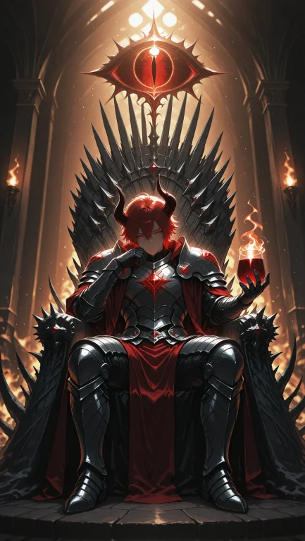 Anime Male Demon Lord With Dark Red Horns And Fiery Red Hair...