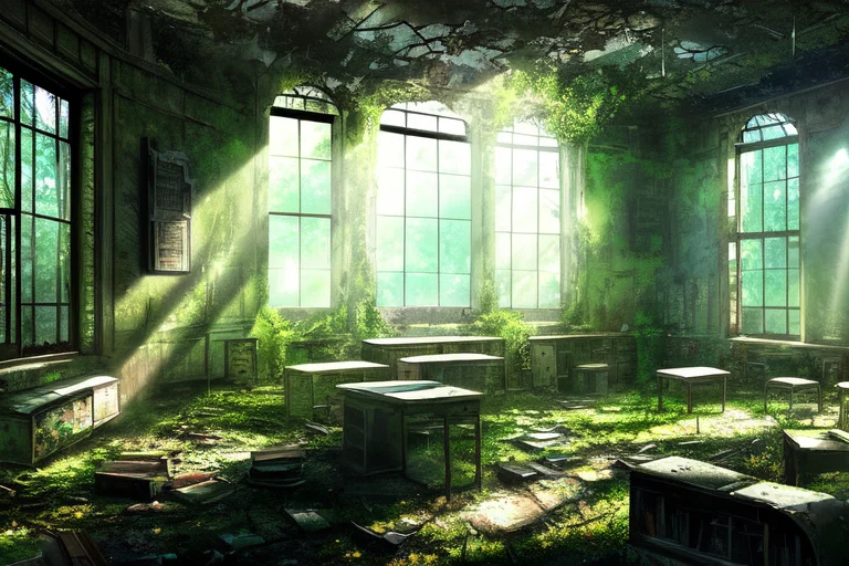 Wallpaper, A Ruined Mossy0.8 Classroom, Anime Art, Volumetri...