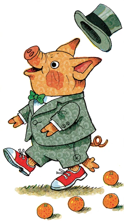 A Pig In A Green Suit And Red Shoes Running With A Green Top...