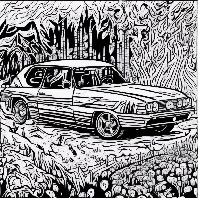 Burning Car Colr001, Vector Art, White Background, Coloring...