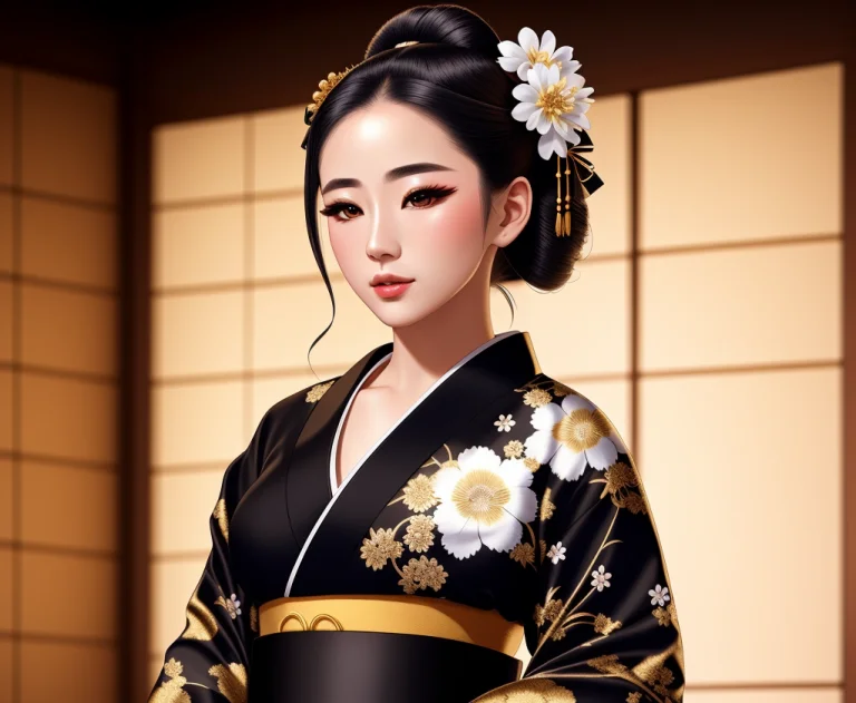 Masterpiece, 4k, Beautiful, Kimono, Black,white Flower Patte...