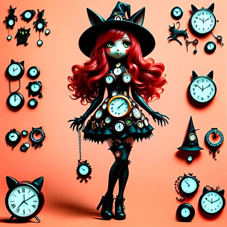 A 3d Chibi Anime Red Hair Cat Girl Wear Clock Witch Dresses