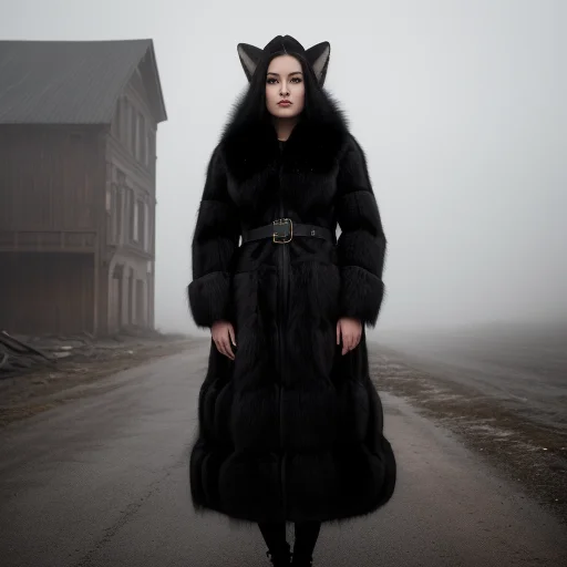 Medium Shot, Professional Photo Of A Womanin Black Fox Fur C...