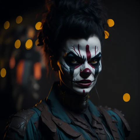Close Up Of A Scary Brazilian Female Cyberpunk Clown On A Ci... — Stable Diffusion AI Prompt: close up of a scary brazilian female cyberpunk clown on a Circus background byci...