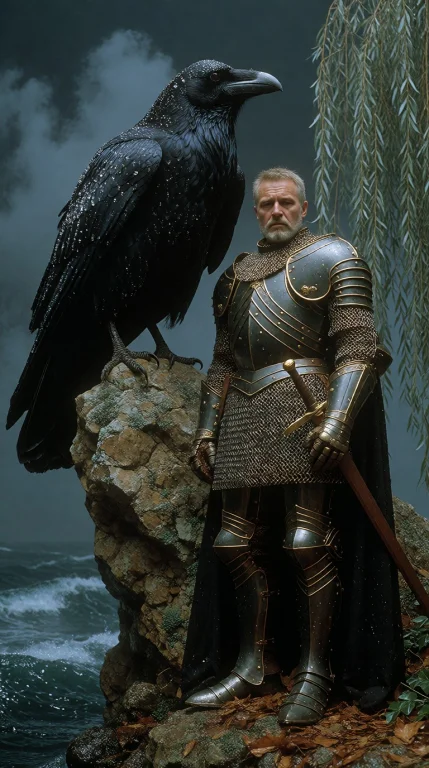 Dcdrkfntsy. Eye-level Medium Shot Of A Weary Knight In His F...