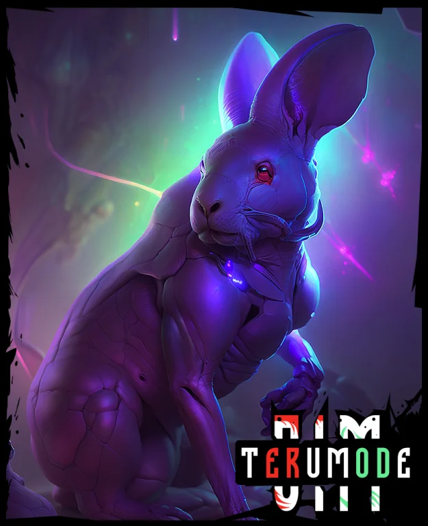 Art By Apterus1.2. Close Up  Rabbit  Cyborg , Violet Glow On...