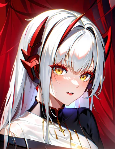1girl, Masterpiece, White Hair, Red Antenna Hair, Red Side H... — Stable Diffusion AI Prompt: 1girl, masterpiece, white hair, red antenna hair, [red side horn], [yellow eyes]...