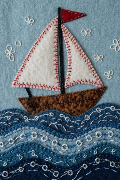 Textile Appliqu Sailboat On Layered Fabric Waves, Light Blue...