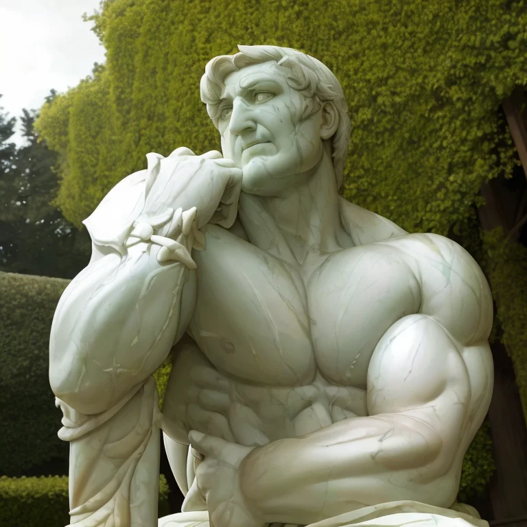 Marble Statue Of Gabe Newell, Garden Background, Muscular, C...