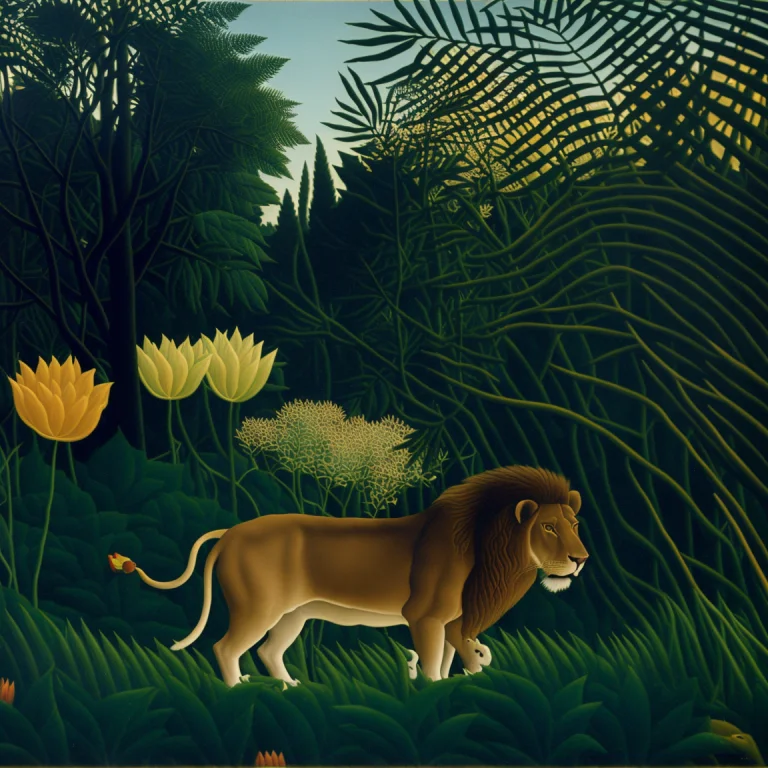 A Lion Stalking Prey In A Forest Of Flowers And Plants, By H...