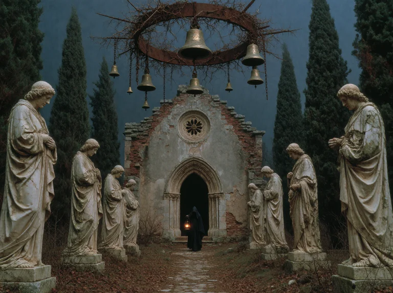A Sinister Symmetrical Medieval Horror Scene, A Ruined Gothi...