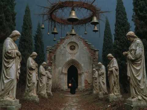 A Sinister Symmetrical Medieval Horror Scene, A Ruined Gothi... — Stable Diffusion AI Prompt: A sinister symmetrical medieval horror scene, a ruined gothic chapel in a dead f...