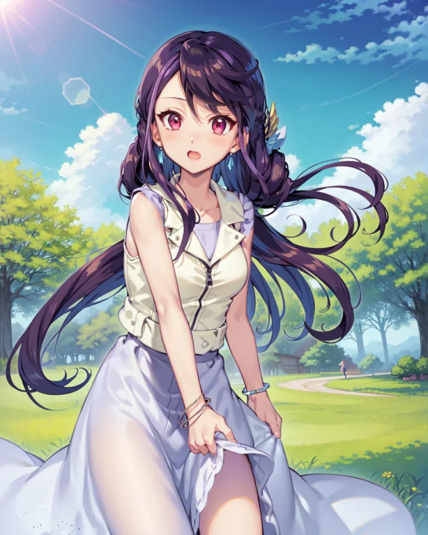 1girl, Ruri, Purple Hair, Pink Eyes, Sleeveless, Bracelet, L...