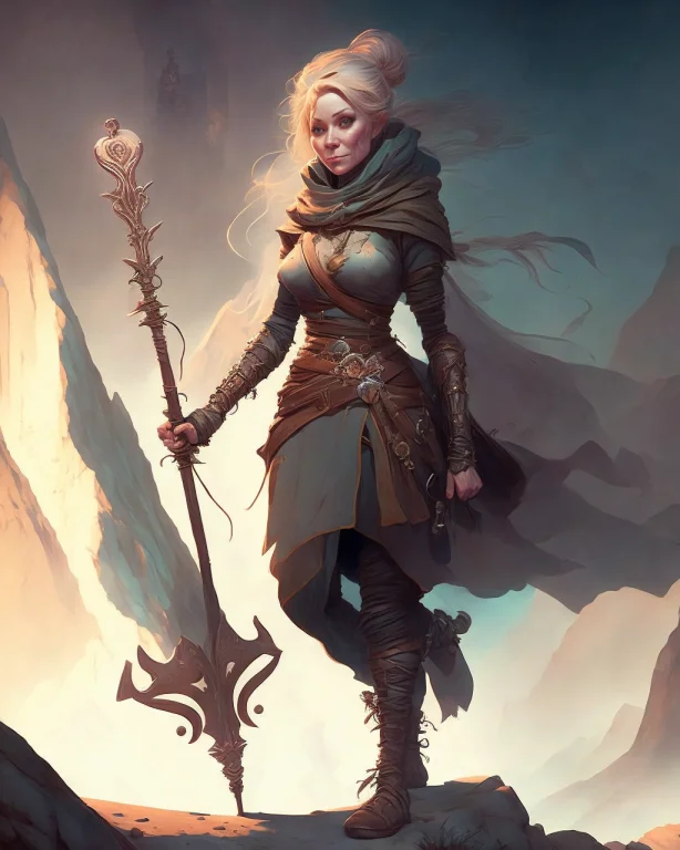 A Woman Climbing A Mountain, Holding A Magical Staff, Charac...