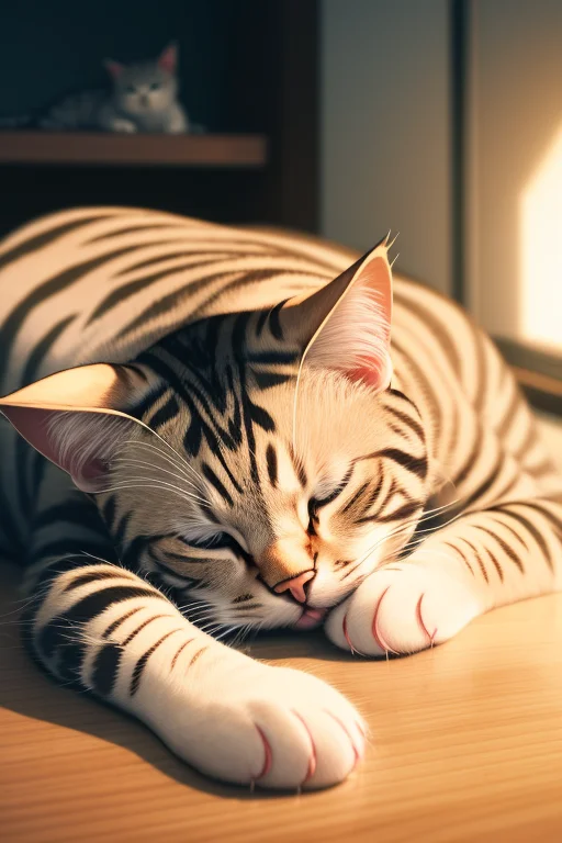Cat, Highly Detailed, Laying On A Desk, Soft Lighting, Sleep...