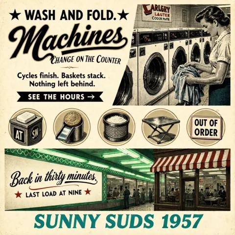 A Retro 1950s Mid-century Coin-laundry Flyer Homepage Hero... — Stable Diffusion AI Prompt: A retro 1950s mid-century coin-laundry flyer homepage… Hero: “★ WASH AND FOLD.”...
