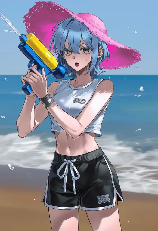 A Girl Dressed In Sportswear And Shorts, Holding A Water Gun...