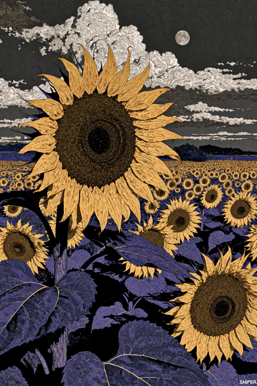 Velnari, , A Dramatic, Highly Stylized Field Of Sunflowers I...