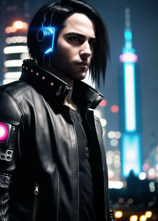 Strong Man, Leather Jacket, Close-up, Night City, Cybernetic...