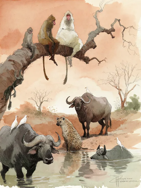 Bradhamel Art Style. A Serene African Savanna Scene Rendered...
