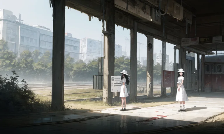 An Abandoned Train Station, A Young Girl Standing On The Gra...