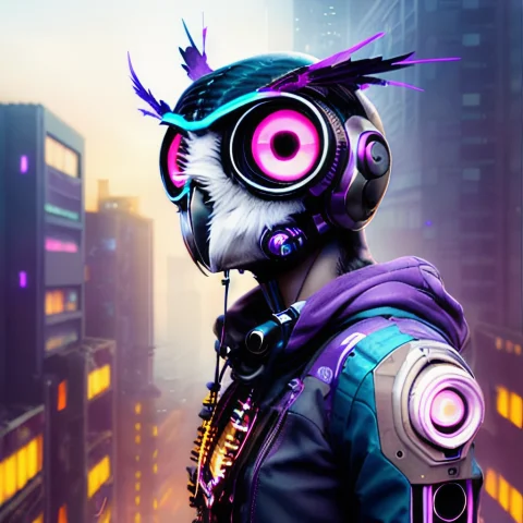 Cybernetic Owl Person Leaning Against A Building, Nvinkpunk... — Stable Diffusion AI Prompt: Cybernetic owl person leaning against a building, nvinkpunk style, (owl head), l...