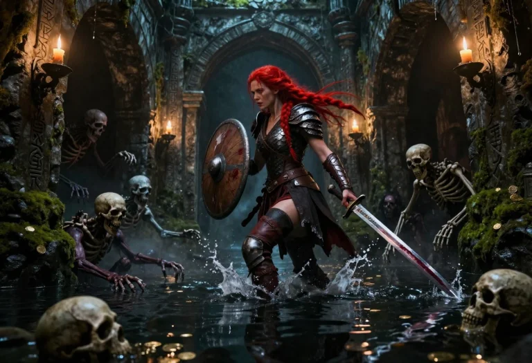A Cinematic Fantasy Scene Of A Fierce Redhaired Warrior Woma...