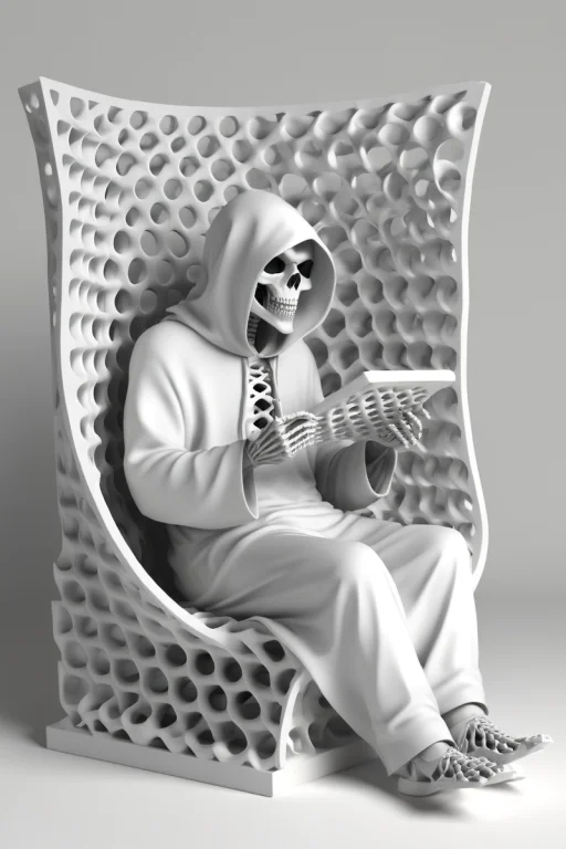 Grim Reaper Watching Tv And Eating Pizza.. . White Matte Mat...