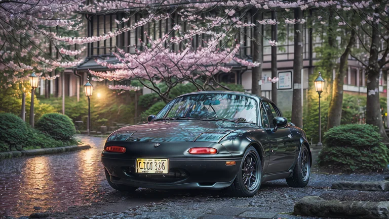 Photo Of Matte Black Mazdamiata Under Cherry Blossom Trees I...
