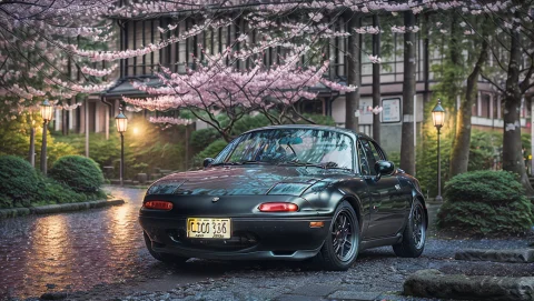 Photo Of Matte Black Mazdamiata Under Cherry Blossom Trees I... — Stable Diffusion AI Prompt: photo of matte black MazdaMiata under cherry blossom trees in kyoto at sunset, w...