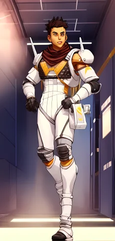 A Male Character Stand On The White Floor, Chemistry Factory... — Stable Diffusion AI Prompt: a male character stand on the white floor, chemistry factory background, 