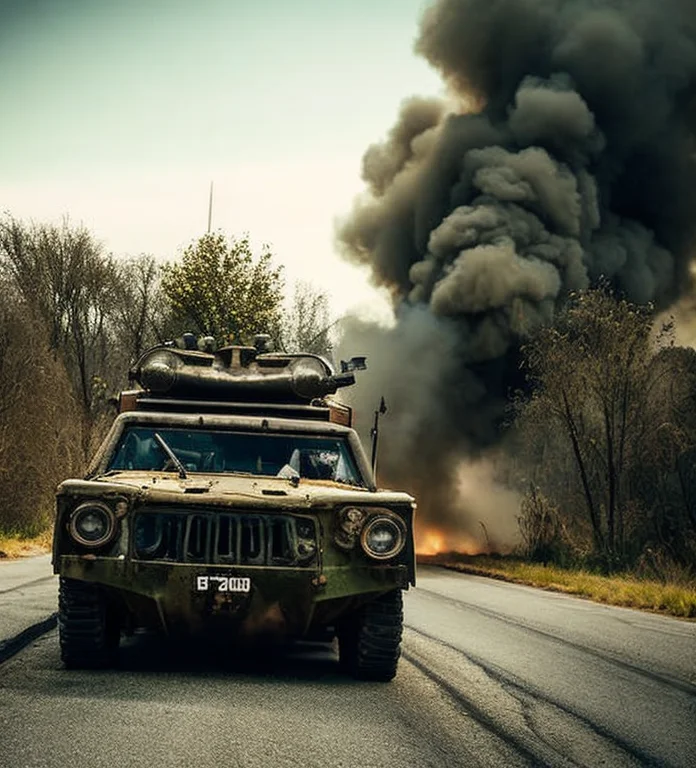 Apoc768, A Photo Of A Burning Tank, Smoke Rising, Mad Max Mo...