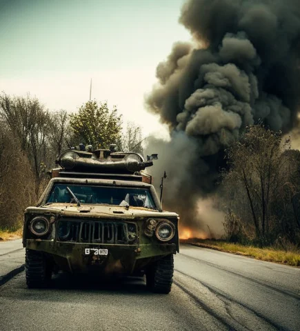 Apoc768, A Photo Of A Burning Tank, Smoke Rising, Mad Max Mo... — Stable Diffusion AI Prompt: Apoc768, a photo of a burning tank, smoke rising, mad max movie still, soldier w...